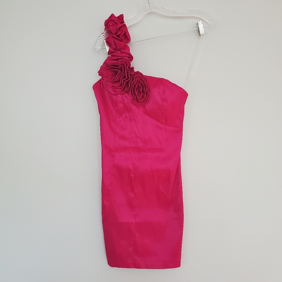 Rosy One Shoulder Satin Mini Dress - Picture 1 of 15